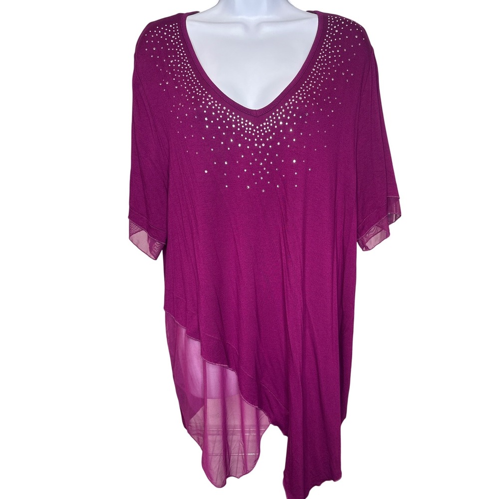 Ulla Popken Women Purple Asymmetrical Hem Tunic Top Sz 16/18 Flowy Going Out